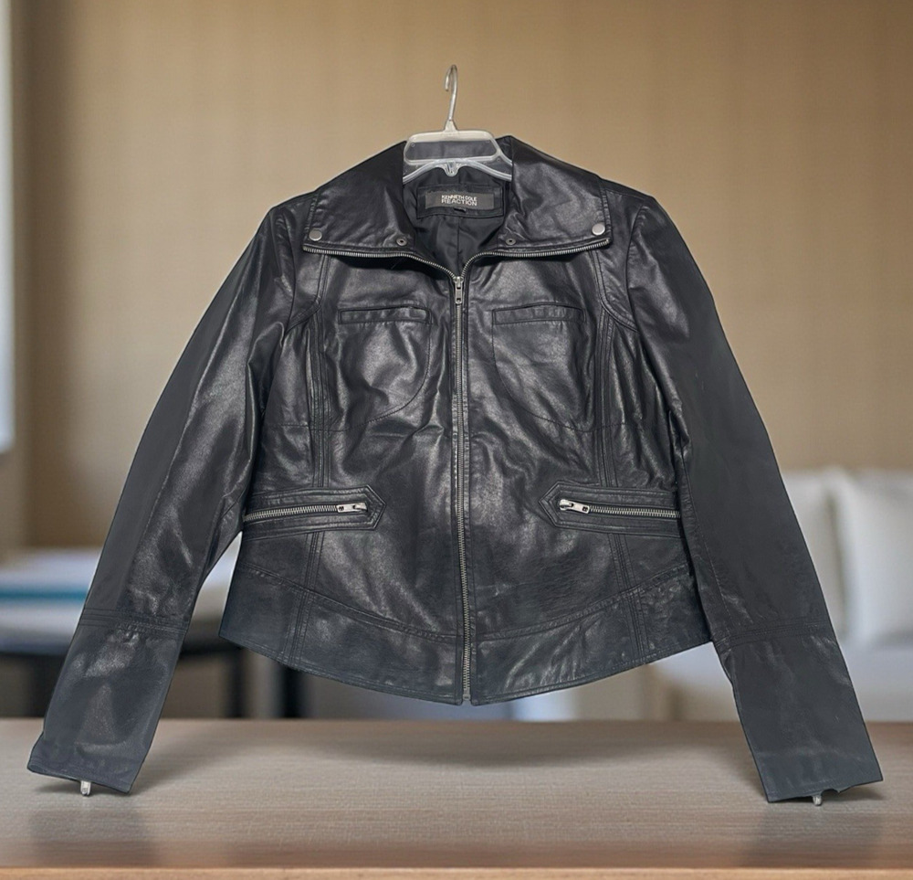 Kenneth Cole Reaction 100% Black Leather Moto Jacket Womens Sz L Iconic Timeless
